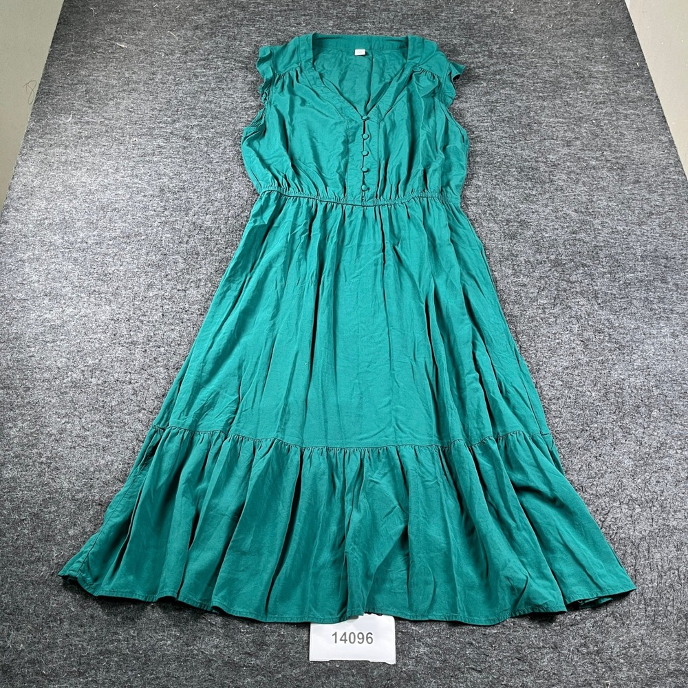 Old Navy Fit & Flare Dress Womens Large Green Rayon Pleated V-Neck Sleeveless
